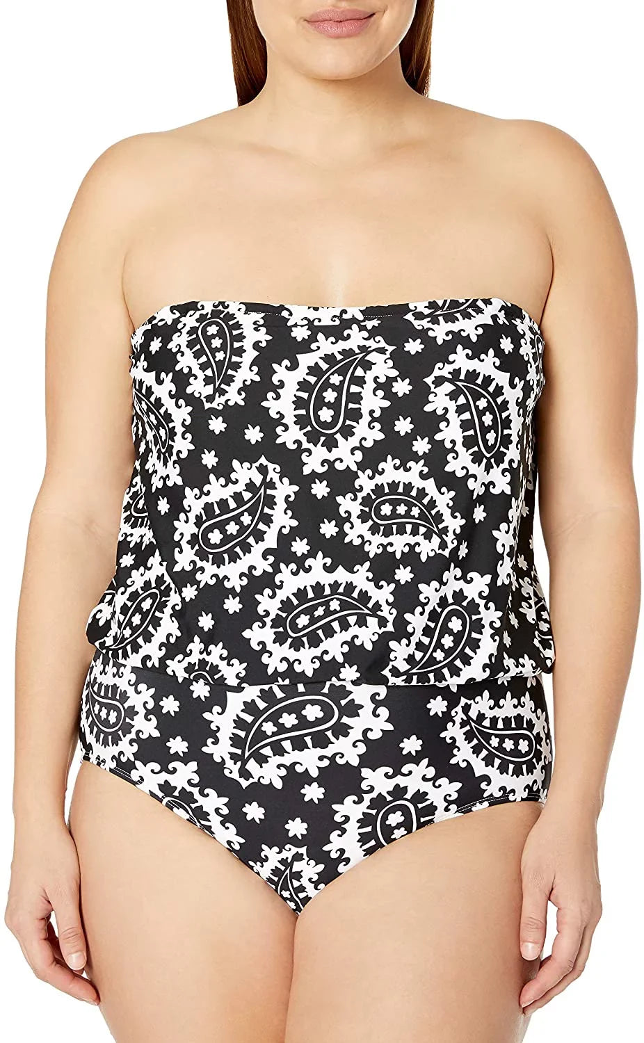 ANNE COLE Black/White Bandeau Blouson One Piece Swimsuit, US 20W, NWOT
