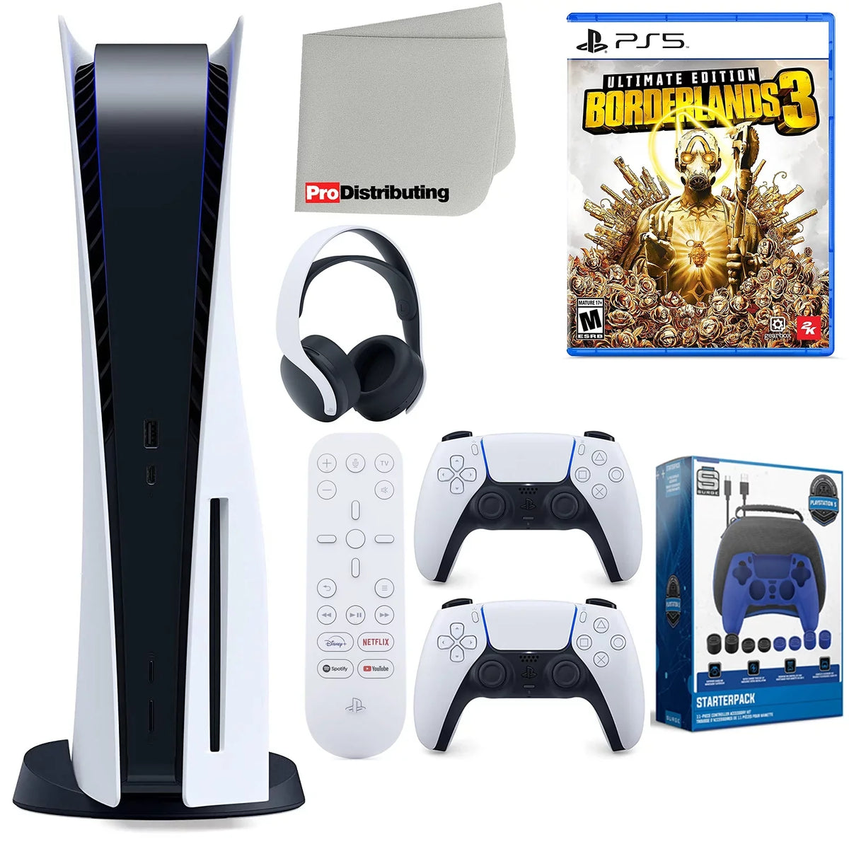 Playstation 5 Disc Version ( PS5 Disc) with White Extra Controller, Headset, Media Remote, Borderlands 3 Ultimate Edition, Accessory Starter Kit and Microfiber Cleaning Cloth Bundle