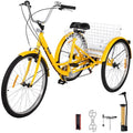 Yellow Trike Bicycle Bike with Large Basket for Riding. Vevor  7-Speed 3 Wheel Adult Tricycle 24 in