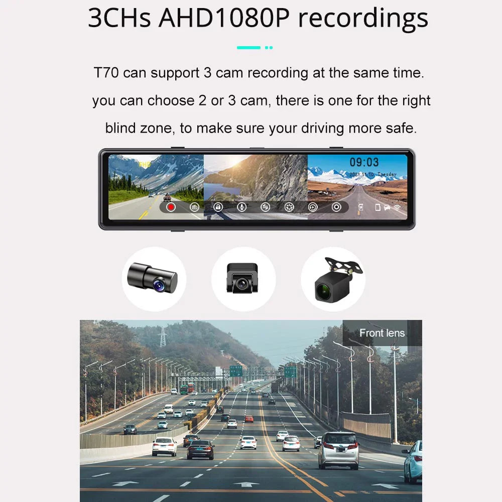 Dash Cam 3 Cameras with  CarPlay and Android Auto, 11.26" IPS Touch Screen with Bluetooth, Wireless Portable Car DVR, Reversing Camera