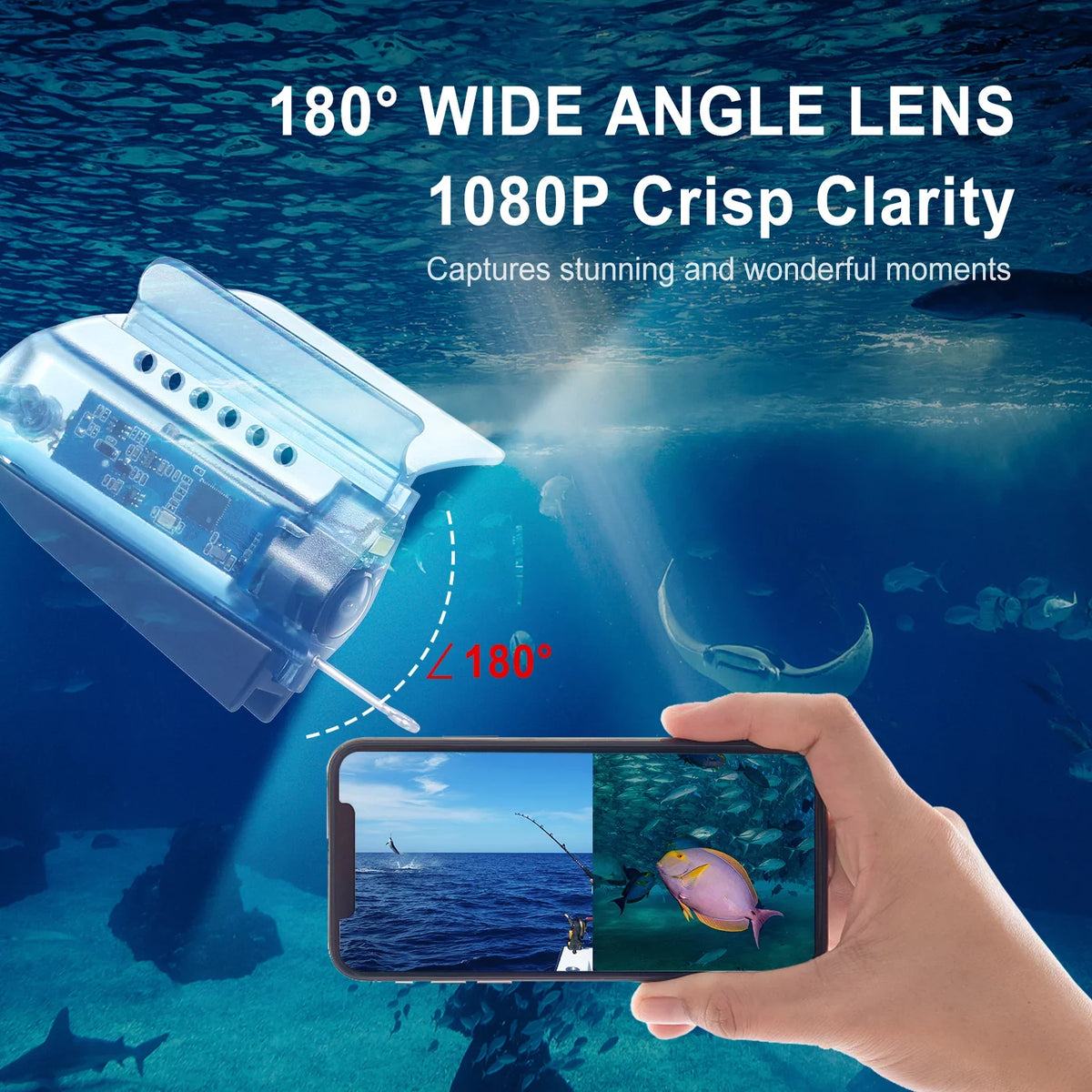 Carevas 1080P Underwater Fishing Camera with APP Control Fishing Live Video Camera Fish Finder with 50M Cable Mobile Phone Holder Bait Cage Carry Case for Ice Lake Sea craft Kayak Fishing