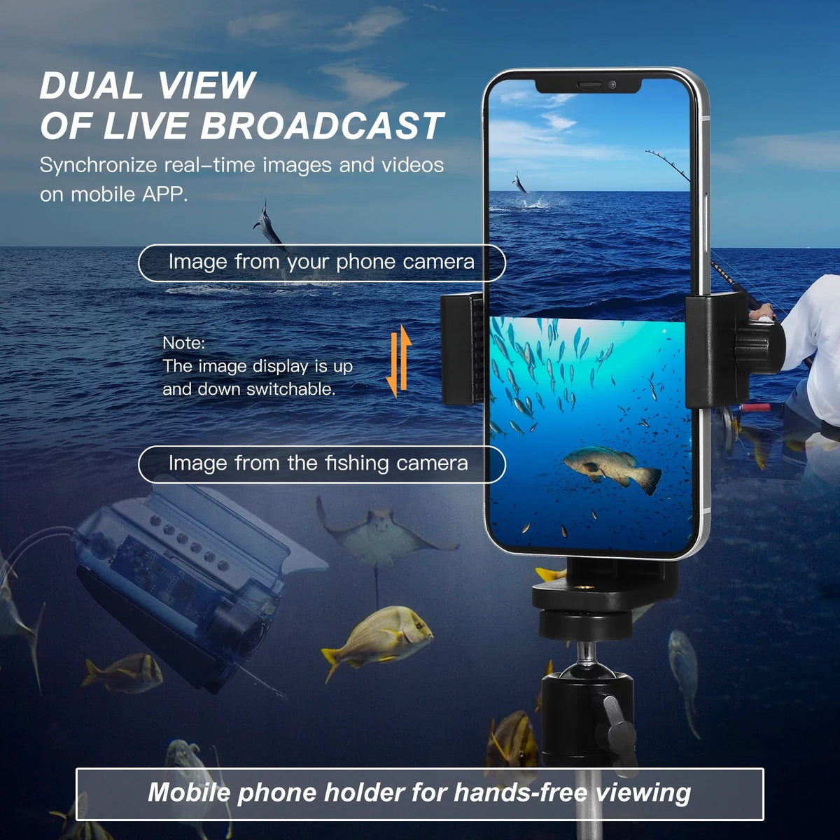 Carevas 1080P Underwater Fishing Camera with APP Control Fishing Live Video Camera Fish Finder with 50M Cable Mobile Phone Holder Bait Cage Carry Case for Ice Lake Sea craft Kayak Fishing