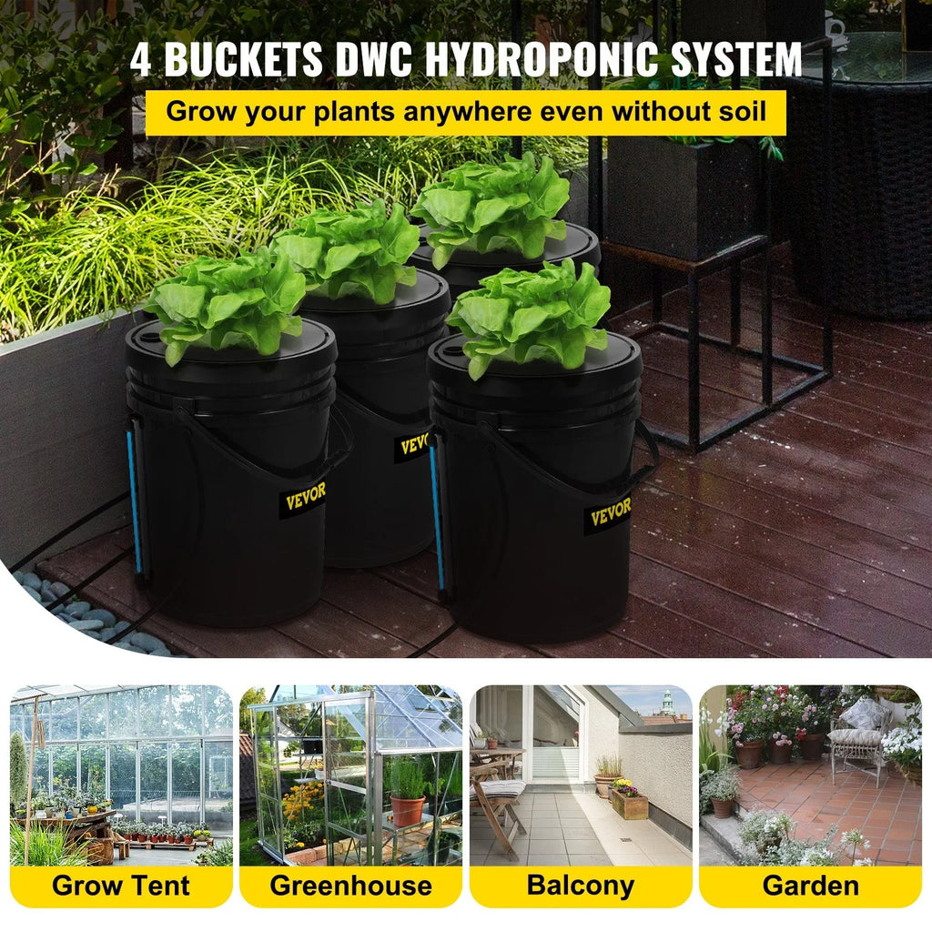VEVOR DWC Hydroponic Grow Kit, 5-Gallon, 4-Bucket System with Pump, Air Stone & aqua Level Indicator for Indoor/Outdoor Leafy Vegetables