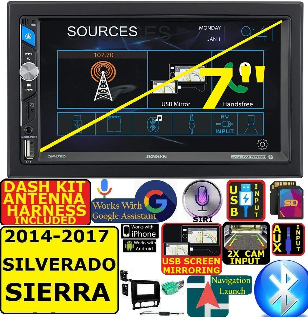 INCLUDES VEHICLE SPECIFIC INSTALLATION HARDWARE INCLUDING DASH KIT, WIRE HARNESS, AND ANTENNA ADAPTER WHEN RE. FITS 14- 17 SIERRA SILVERADO AM/FM USB/BLUETOOTH TOUCHSCREEN CAR RADIO STEREO PKG