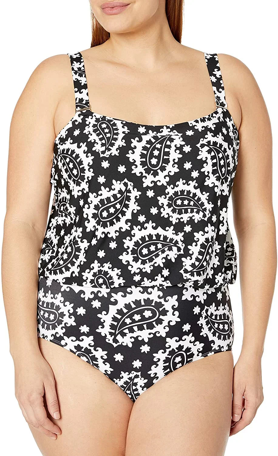 ANNE COLE Black/White Bandeau Blouson One Piece Swimsuit, US 20W, NWOT