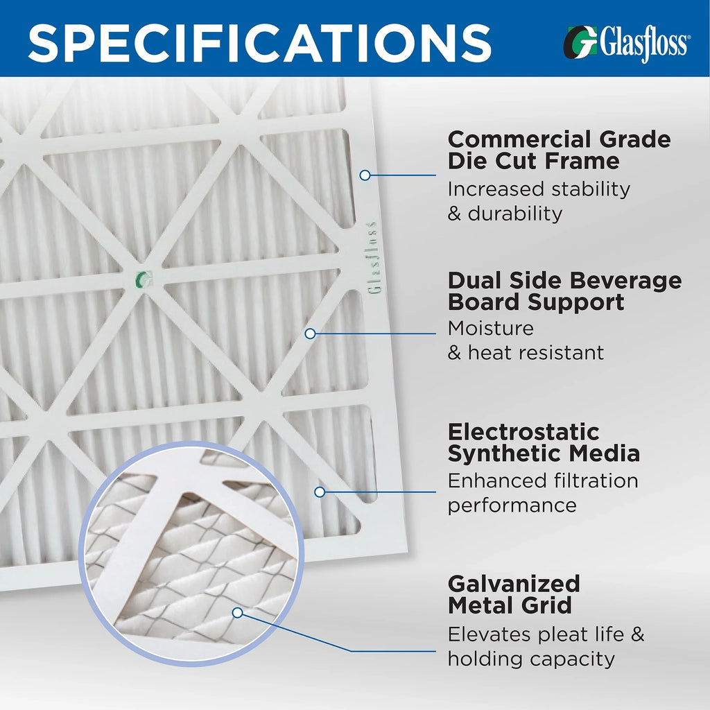 Exact Size: 23-3/8 x 23-3/8 x 7/8. Box of 4. Glasfloss ZL 24x24x1 MERV 10 Pleated AC Furnace Air Filters