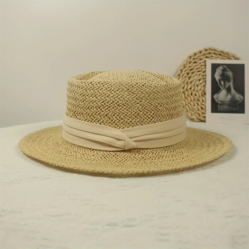 Jkzcp  1pc Vintage Handmade Braided Wide Brim Flat Top Straw Hat  Sun Protection Vacation Beach Sun Hat