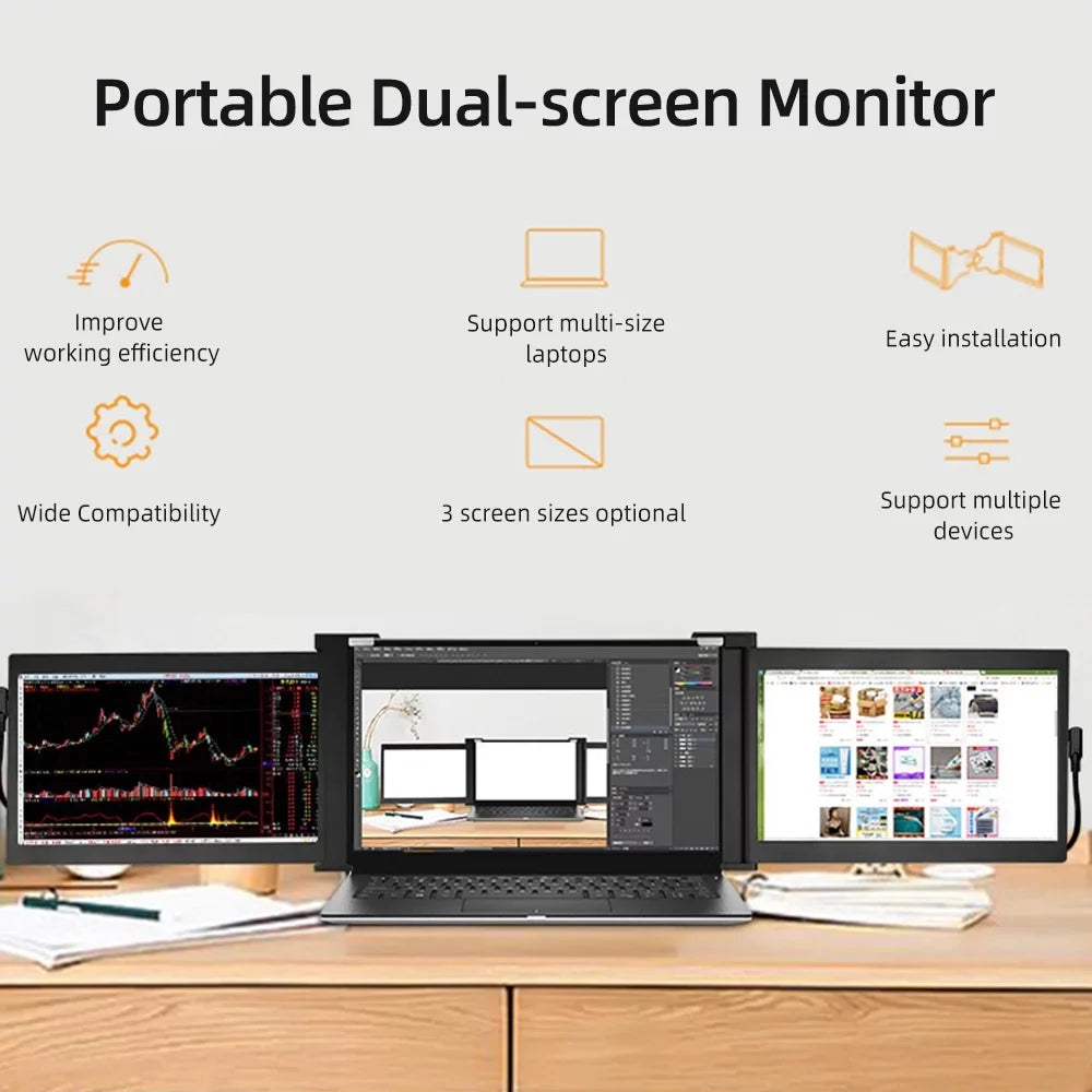 Anself 13.3 inch Portable Triple-screen  Laptop Expansion Screen 1920*1080 Resolution Easy Installation for 13.3-16.5 inch Laptop