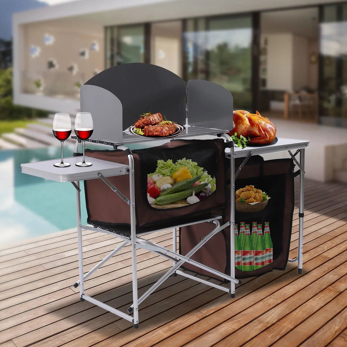MONIPA Camping Kitchen Table Storage Cabinet Folding BBQ Grill Table Cupboard Shelf