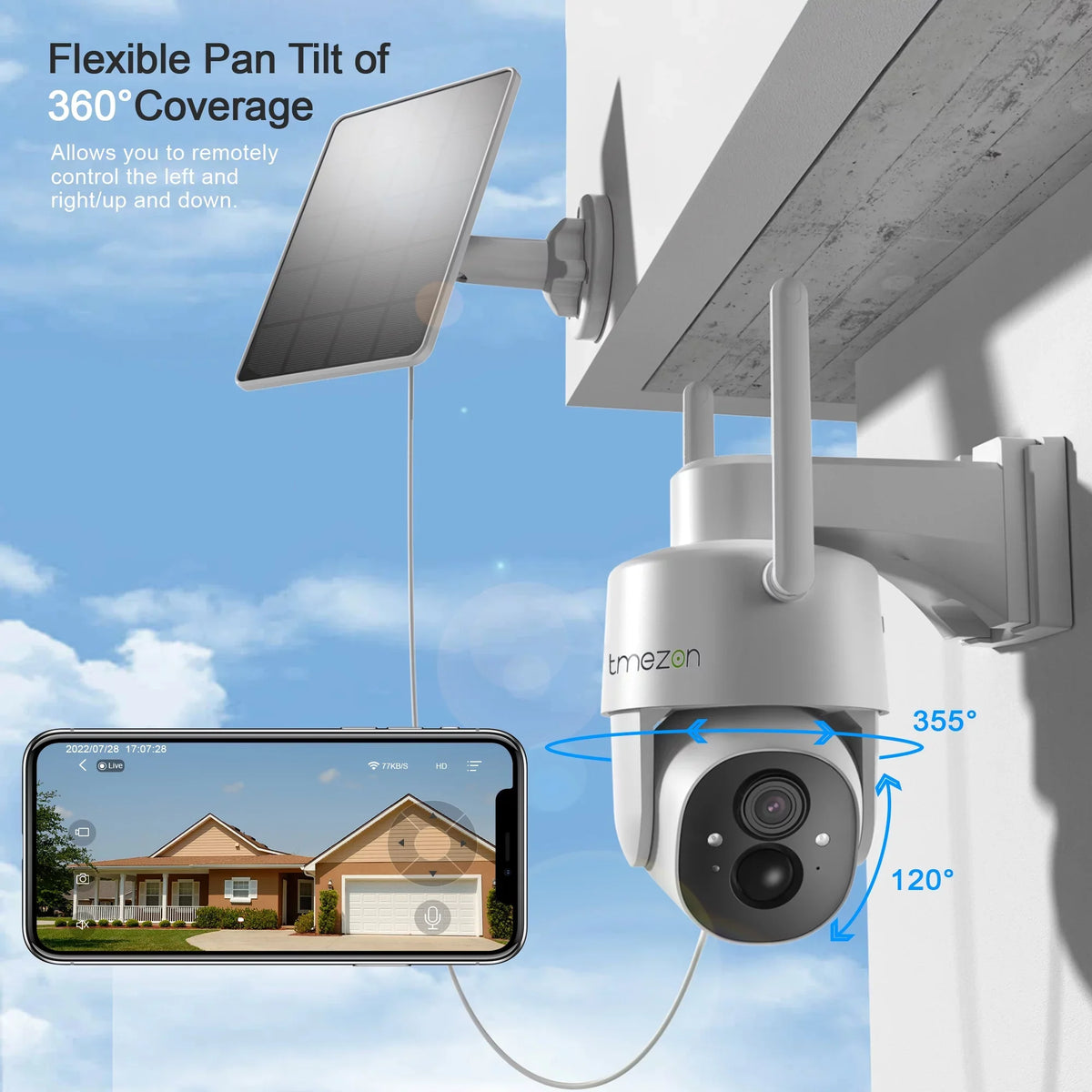TMEZON Security Camera Outdoor Wireless, 2K Surveillance Camera Wireless Solor Powered for Smart Home , PTZ WiFi Control, Night Vision,IP66 Waterproof