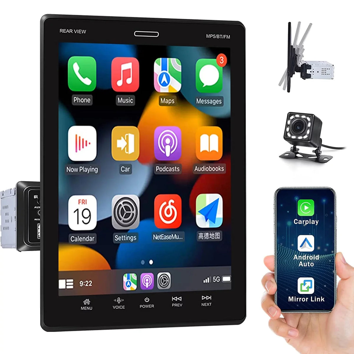 Podofo Single Din 9.5'' Car Stereo with  Carplay Android Auto HD Touch Screen Car MP5 Player Car Radio Bluetooth Mirror Link USB FM,with 12 LED Rear Camera