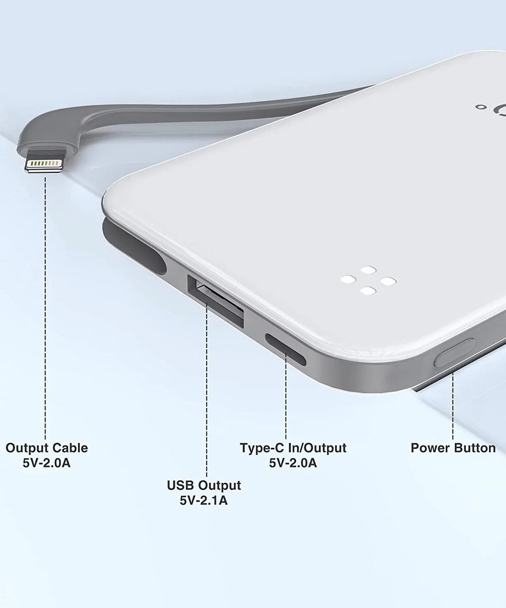 TG90 4500mah Mini Portable Charger with Built-in Cable, Small Power Bank Portable Cell Phone Charger matching with iPhone 13/13 Pro Max/12/12 Pro Max/11/11 Pro Max/X/XS/8/7/6/SE and More White