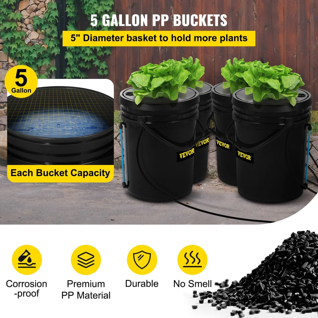 VEVOR DWC Hydroponic Grow Kit, 5-Gallon, 4-Bucket System with Pump, Air Stone & aqua Level Indicator for Indoor/Outdoor Leafy Vegetables