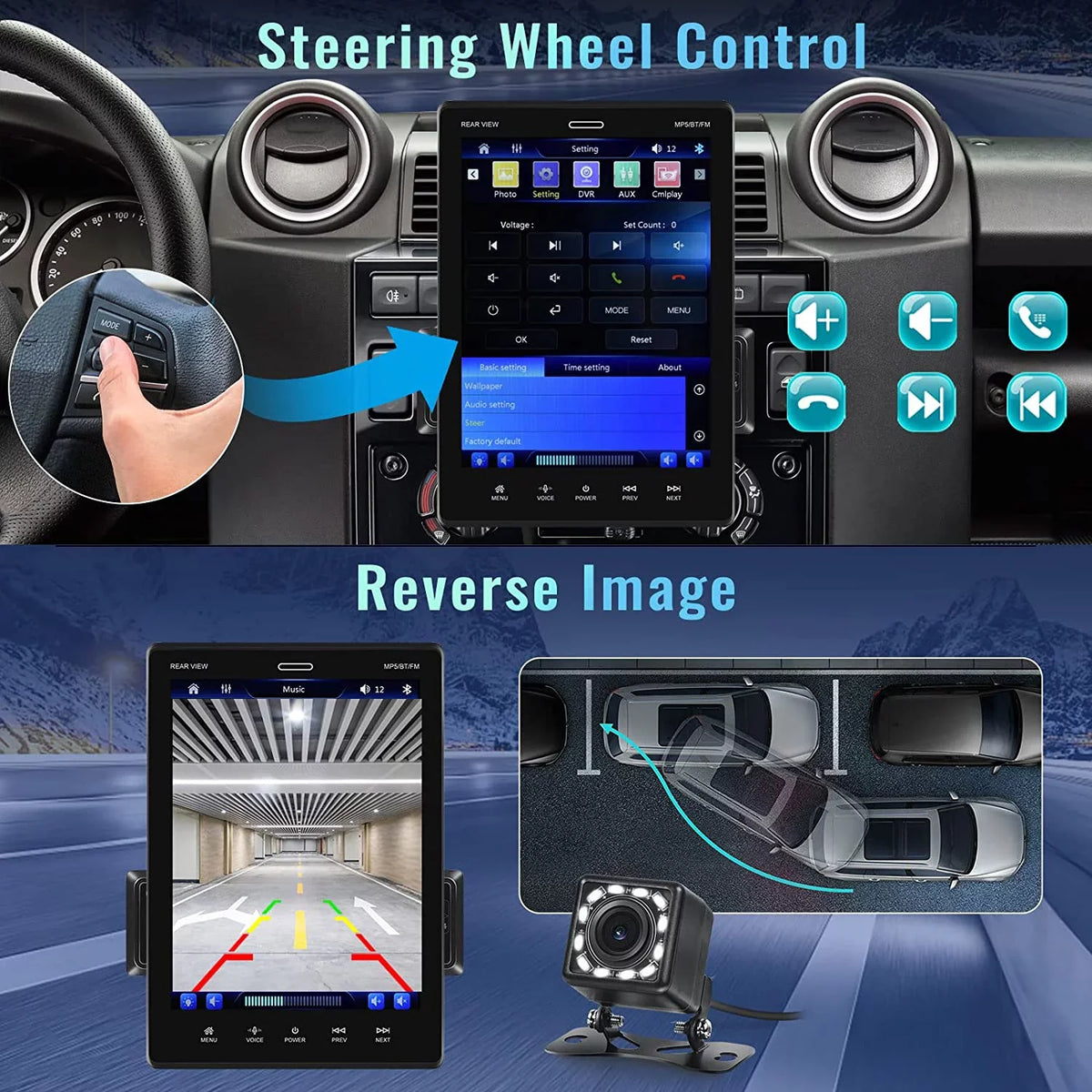 Podofo Single Din 9.5'' Car Stereo with  Carplay Android Auto HD Touch Screen Car MP5 Player Car Radio Bluetooth Mirror Link USB FM,with 12 LED Rear Camera