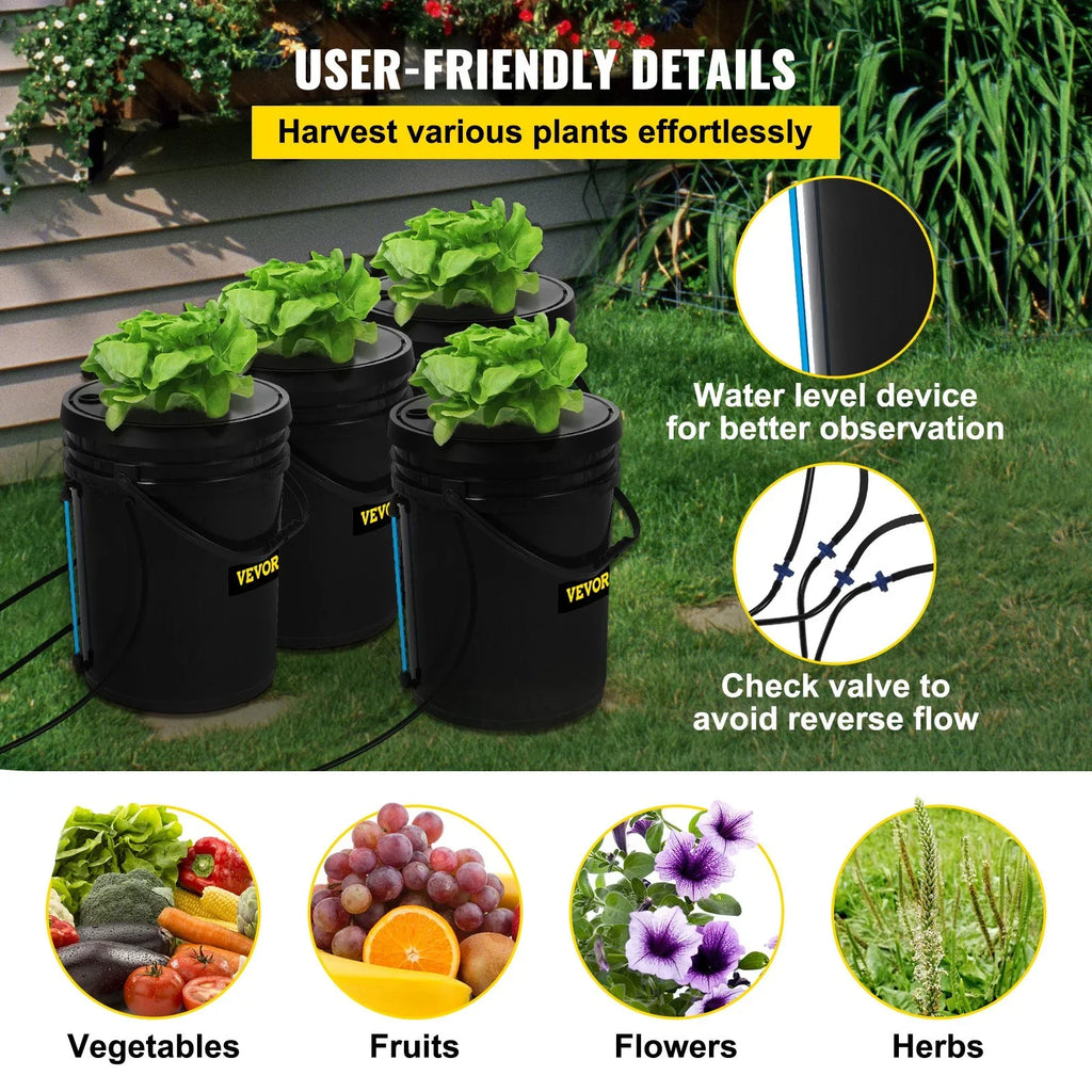 VEVOR DWC Hydroponic Grow Kit, 5-Gallon, 4-Bucket System with Pump, Air Stone & aqua Level Indicator for Indoor/Outdoor Leafy Vegetables