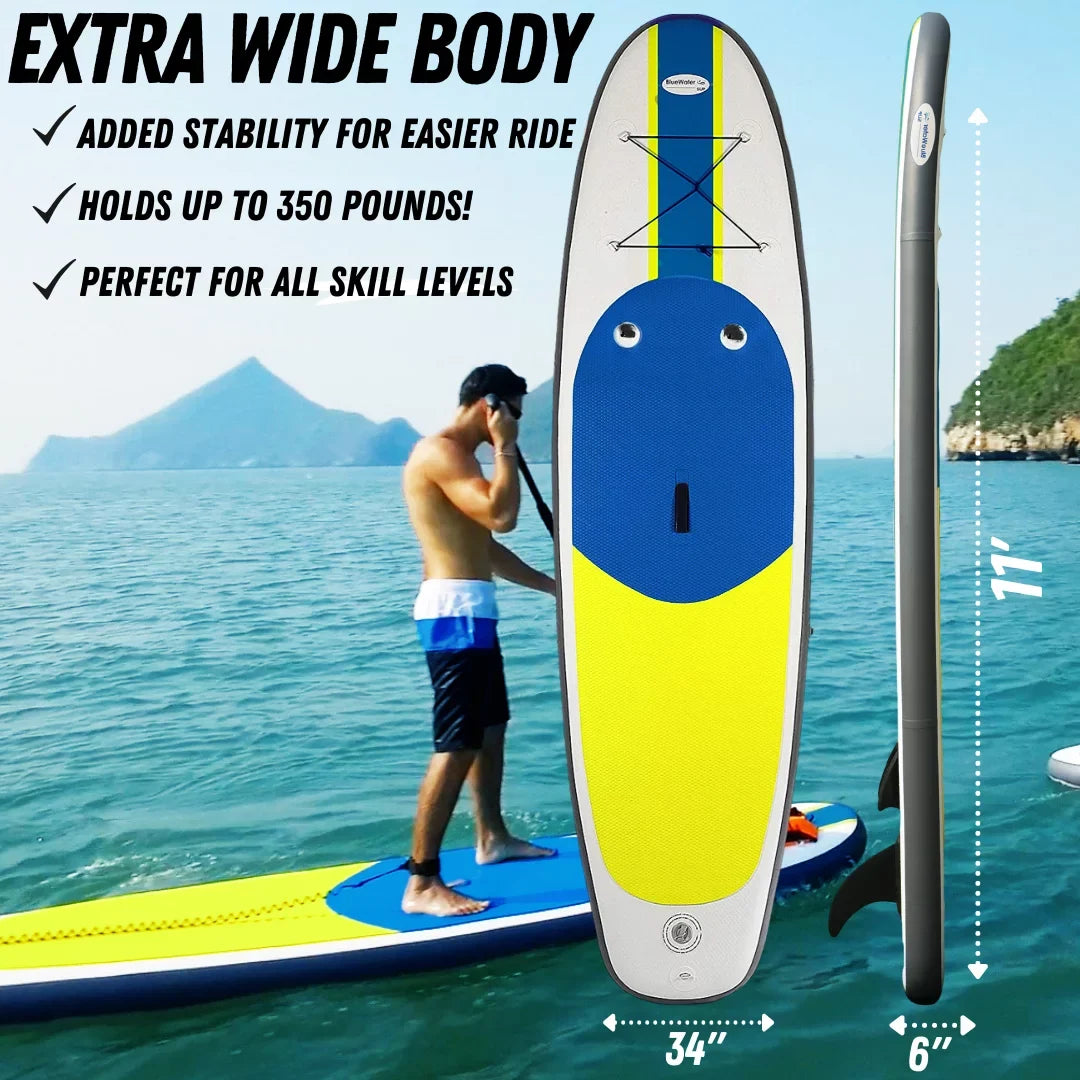 Blue liquid Toys Portable Inflatable Stand Up Paddle Board Kit with Pump, Backpack, Coil Leash, and Repair Kit, SUP 350 Pound Limit, 11 Feet by 34 Inches