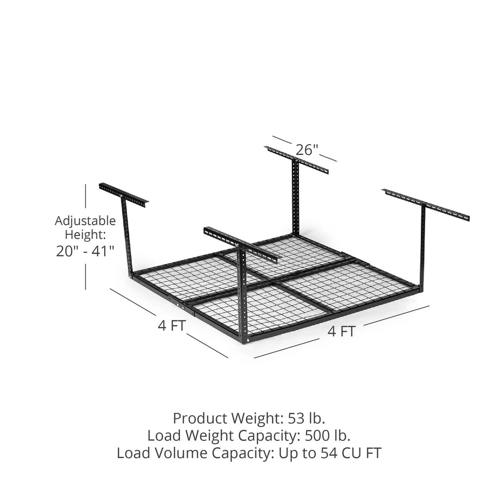 Titan Attachments 4' x 4' Overhead Garage Storage Rack, 20" to 41" Adjustable Height, Ceiling Mount Organization System, Metal Wire Grid with 500 LB Loading Capacity, Storage for Bikes Equipment Bins