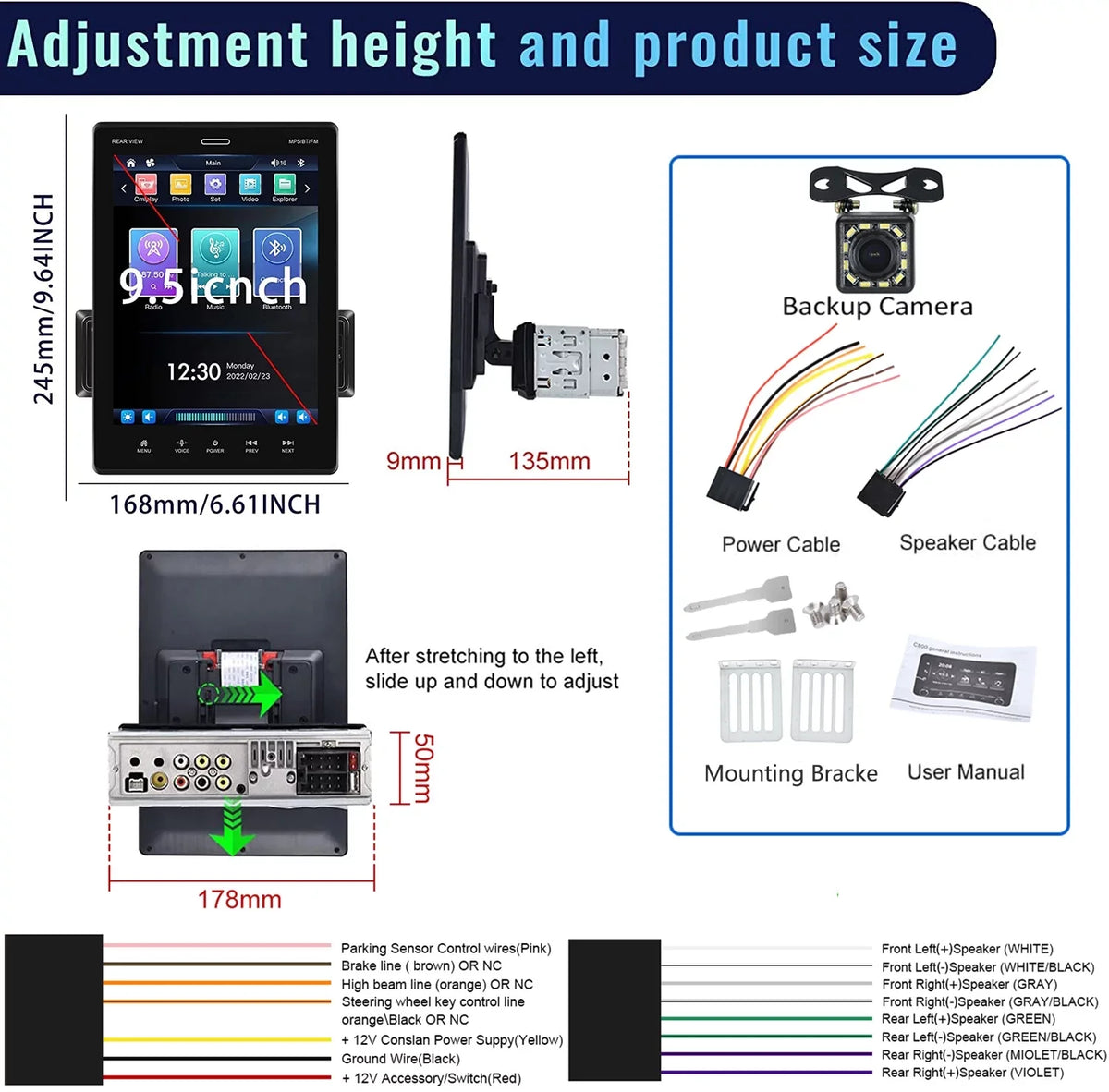 Podofo Single Din 9.5'' Car Stereo with  Carplay Android Auto HD Touch Screen Car MP5 Player Car Radio Bluetooth Mirror Link USB FM,with 12 LED Rear Camera